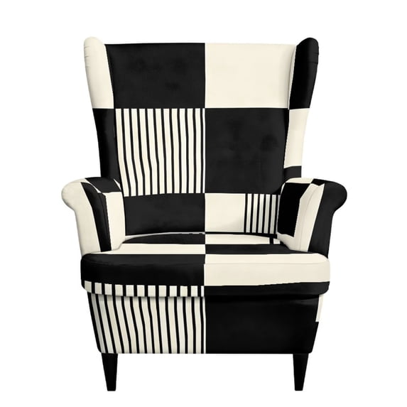 HUISEFOR Wingback Chair Covers, Stretch Wingback Armchair Slipcover, 2 Piece, 1 Wing Cover & 1 Cushion Cover, Full Protection, Black White Block Stripe