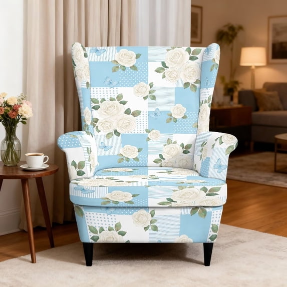 HUISEFOR Wingback Chair Covers, Stretch Wingback Armchair Slipcover, 2 Piece, 1 Wing Cover & 1 Cushion Cover, Wrinkle Resistant, Full Protection, Blue White Rose Patchwork