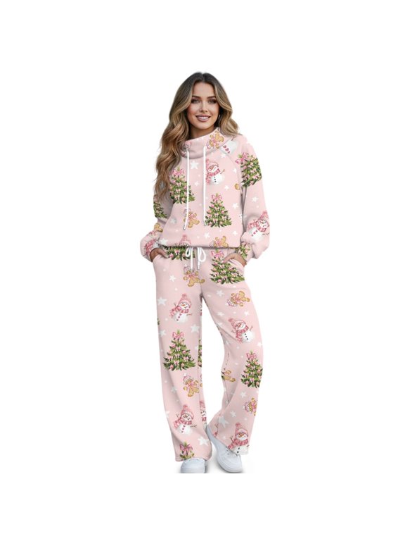 Womens Lounge Set Sweat Suits, Pink Christmas Snowman Long Sleeve Lounge Sets for Women, Drawstring Sweatshirts Wide Leg Sweatpants, Fleece Warm Loose Oversized for Daily Wear