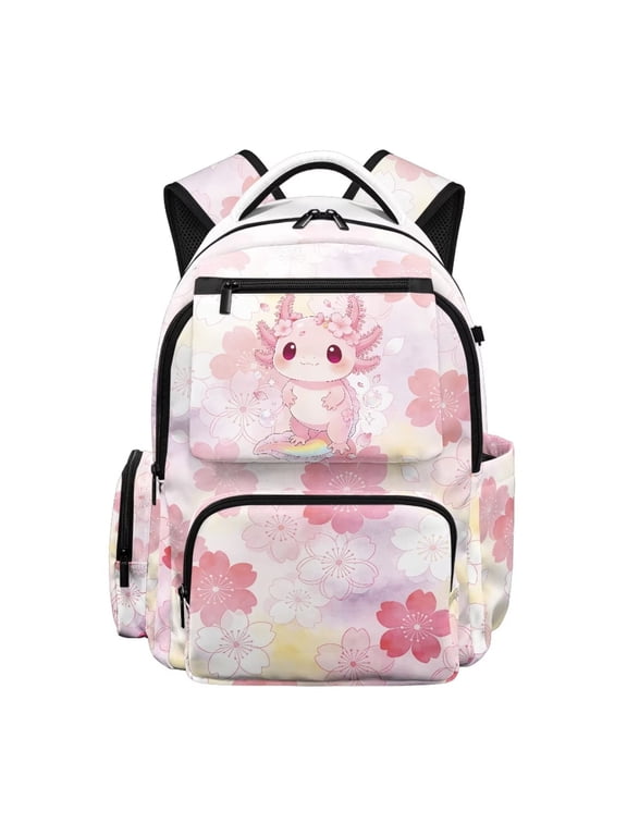 Axolotl Kids Backpack for Girl Cute Cherry Blossom School Bag Lightweight/Breathable/Durable/Waterproof Multi-Pocket Book Bag for Kids 6-12 Back to School