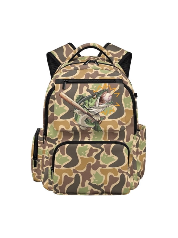 Camo Fish Kids Backpack for Boys Sport Fishing Print School Bag Lightweight/Breathable/Waterproof Multi-Pocket Book Bag for Elementary Students