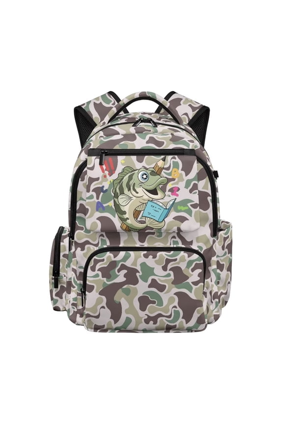 Green Camo Bass Fish Kids Backpack for Boys Girls Cartoon Print School Bag Lightweight/Breathable/Waterproof Multi-Pocket Book Bag for Kids 6-12 Back to School