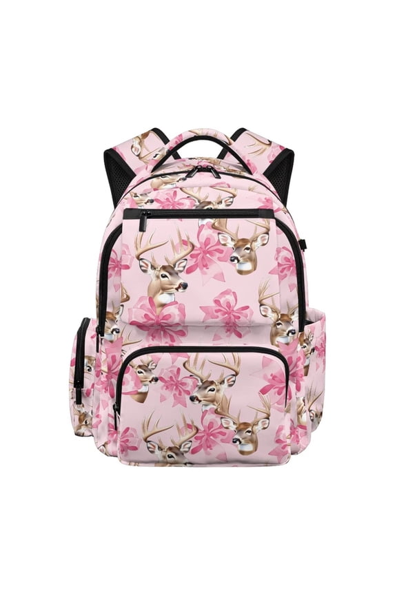 Pink Deer Bow Kids Backpack for Girls, Hunting Print School Bag Lightweight/Breathable/Waterproof Multi-Pocket Book Bag for Kids 6-12 Back to School