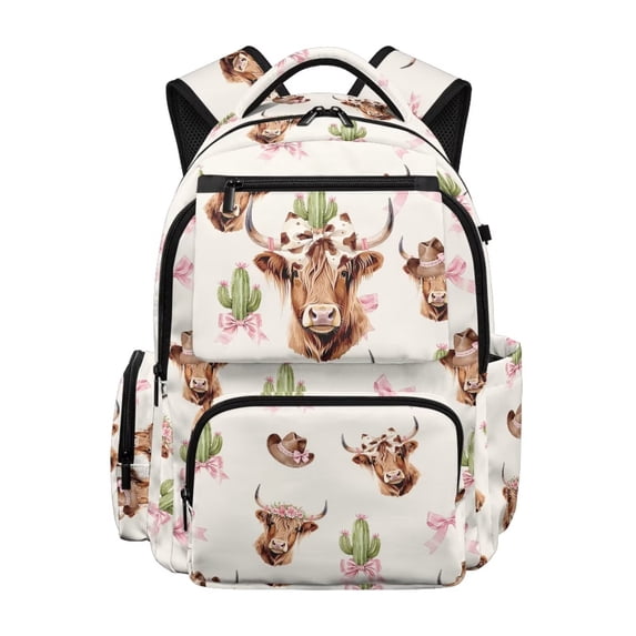 Bulopur Pink Highland Cow Kids Backpack for Girls, Western Cactus Print School Bag Lightweight/Breathable/Durable/Waterproof Multi-Pocket Book Bag for Kids 6-12 Back to School