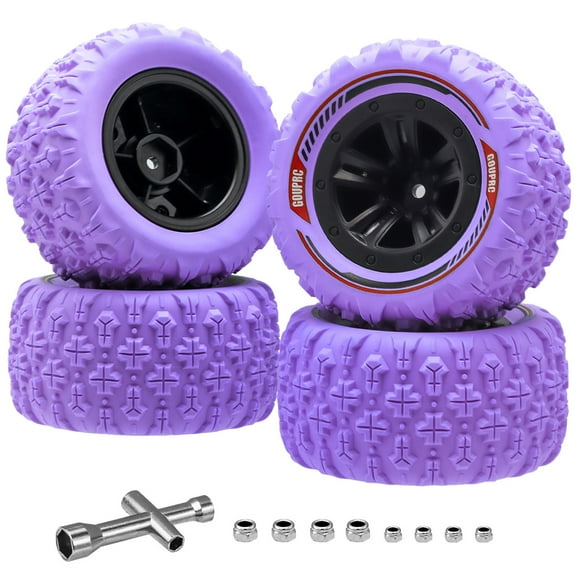 HUISZJ 12mm Hex RC Wheel Tires Set, 4Pcs Swamp Claw Mud Terrain Tires Accessories, Tires Wheels for 1/14 1/16 RC Car (Purple)