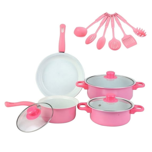 HUISZJ 13pcs Non Stick Cookware Set, Pink Cooking Fine Iron Multifunctional Pots Set with Wooden Handles, Stackable Stone Pot for All Types of Cooker