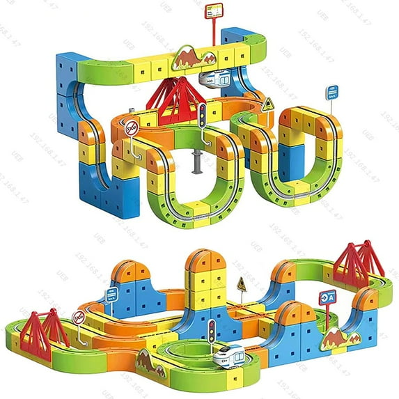 HUISZJ 160PCS Electric Gear Train Track Set - DIY Race Car Track Building Kits with Train and Traffic Signs - 3D Snapping-Fit Building Track Toy for Birthday Party Gift