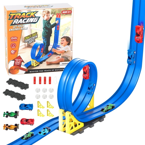 HUISZJ 16Ft Flexible Race Track Toy Set, Portable Roll-Up Car Track with 4 Car, Gravity Inertia Sliding Track Toy for Boost Creativity and Skills
