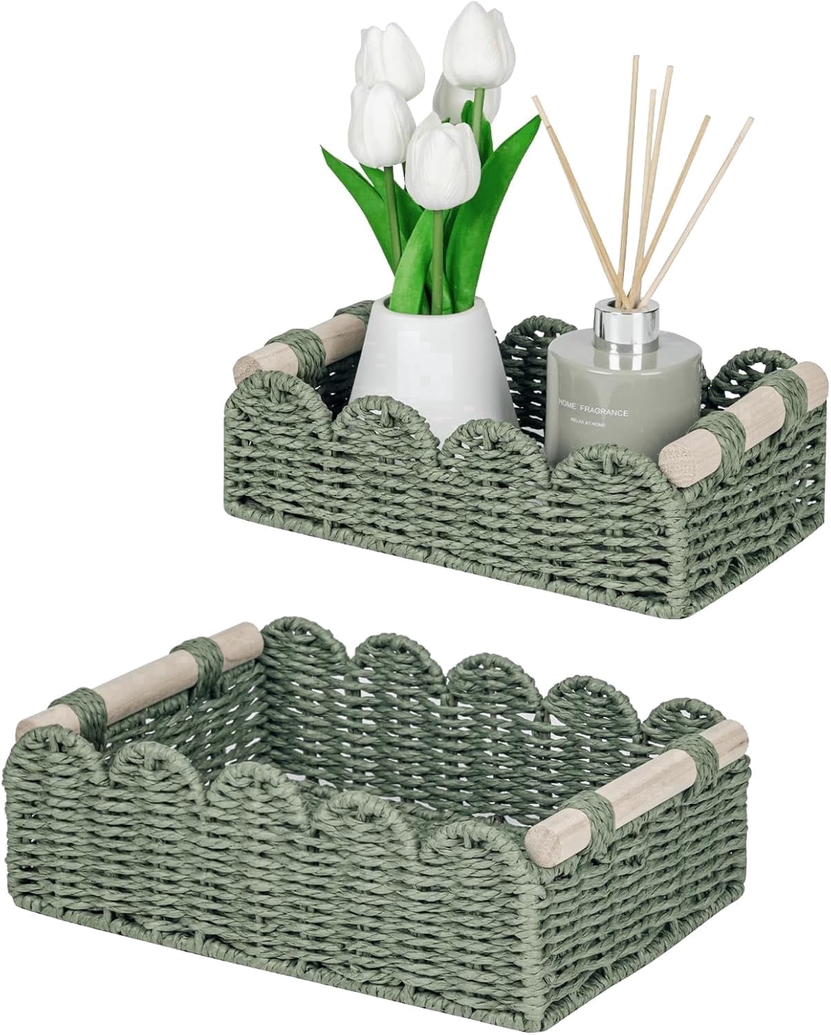 HUISZJ 2-Pack Scalloped Edge Decorative Basket,Green Hand Woven Scalloped Tray with Handles, Rectangular Rattan Storage Container for Bathroom Home Decor