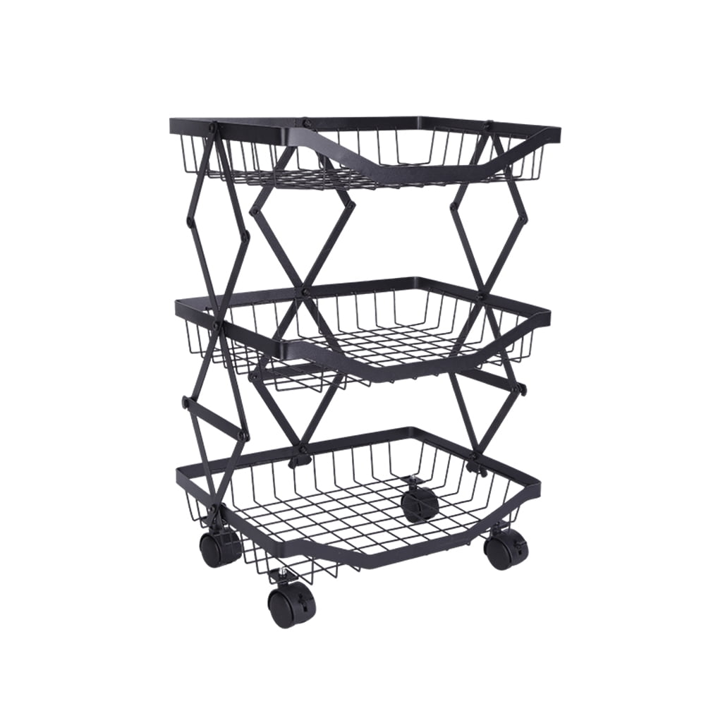 HUISZJ 3 Tier Fruit Vegetable Basket - Black Premium Metal Fruit Basket with Wheels - Foldable Kitchen Cart Storage Basket for Bread Veggie Snack
