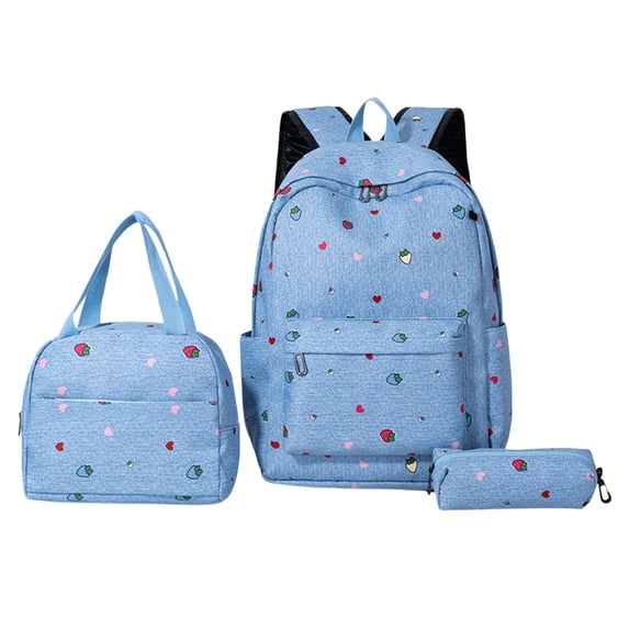 HUISZJ 3Pcs Strawberry Printed School Backpack, Students Bookbags Set with Lunch Box, Cute Daypack Bag Set for Women College (Light Blue)