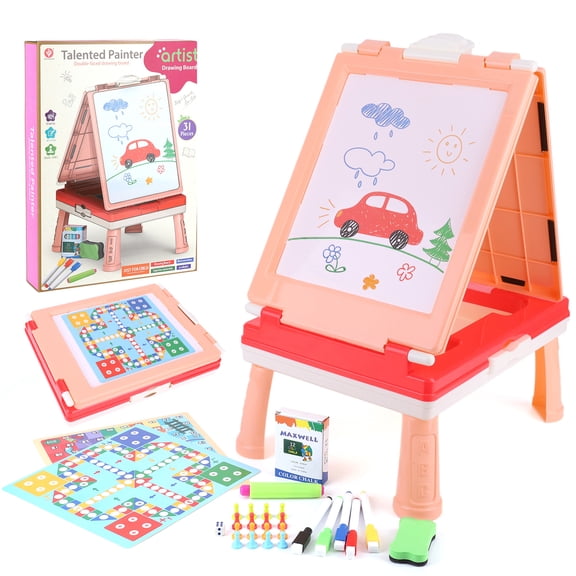 HUISZJ 4 In 1 Double Sided Art Easel Toy, Double Sided Art Easel with Chalkboard & Magnetic, Whiteboard Development Art Easel Kits Draw & Write Accessories for Party Birthday Friend Gifts (Pink)