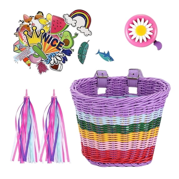 HUISZJ 4pcs Bike Basket Set - 8.27x6.3x6.3inch Rattan PE Bicycle Front Basket with Stickers & Bell - Handwoven Front Hoppet for Cycling (Multicolor)