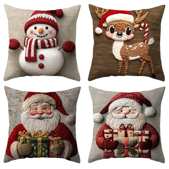 HUISZJ 4pcs Christmas Throw Pillow Covers, 18x18 Inch Exquisite Prints Soft Velvet Pillowcase,Christmas Theme Cushion Cases for Home Office Decor (F)