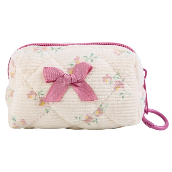 HUISZJ Bow-Embroidered Makeup Bag, Multi-Purpose Diamond Pattern Small Cosmetic Bag, Quilting Padded Coin Pouch for Outdoor Work Travel