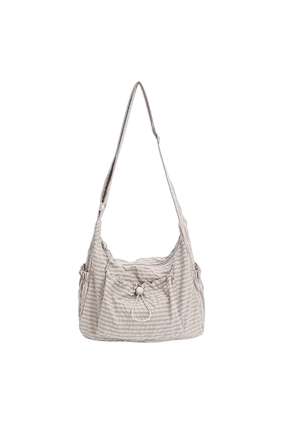 Checkered Sling Bag, Nylon Drawstring Crossbody Bag, Large Capacity Pleated Cloud Shoulder Bag for Work Travel Shopping (White)