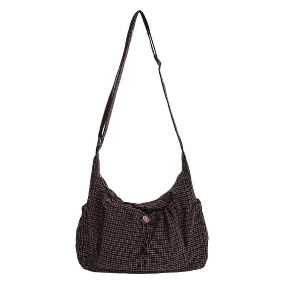 HUISZJ Checkered Sling Bag, Nylon Drawstring Crossbody Bag, Large Capacity Shoulder Bag for Women Work Travel Outdoor (Coffee)