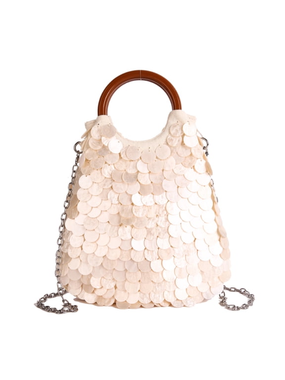 Clutch Handbag, Handmade Natural Seashell Purse with Handle, Detachable Shoulder Bag for Women Beach Party Vacation (S)