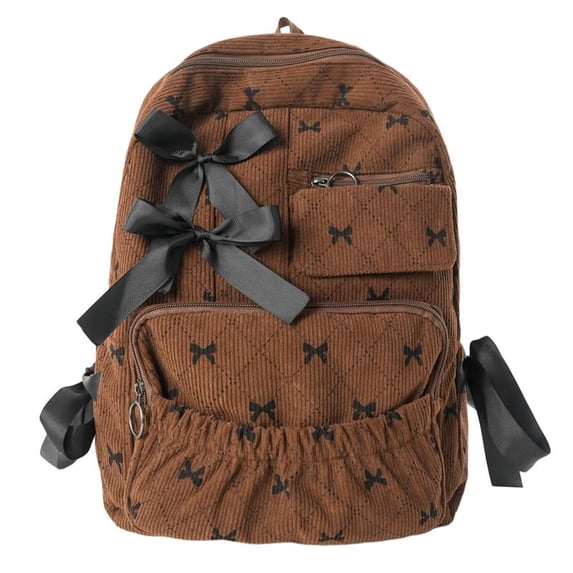 HUISZJ Corduroy Bow Printed Backpack, Large Capacity School Backpack With Bowknot, Reusable Shoulder Bag for Work School Outdoor (Brown)