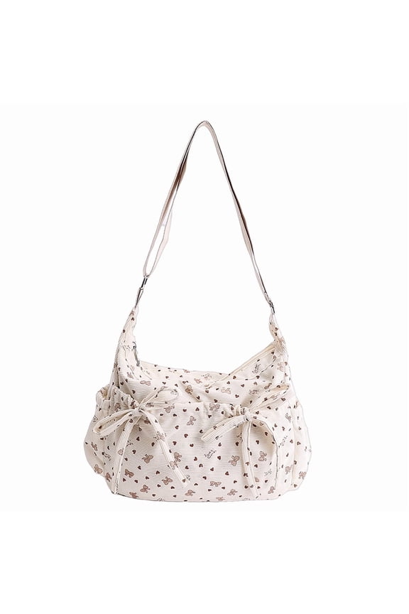 Corduroy Bow Shoulder Bag, Adjustable Strap Versatile Crossbody Bag, Floral Tote Bag for Work Travel Outdoor (White)
