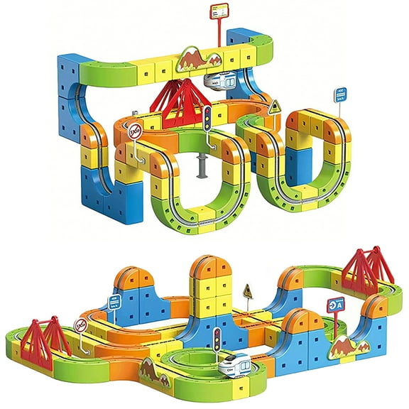 HUISZJ Electric Train Toys Set, Modular 3D Clip-Fit Design Building Block Track Car Set with Traffic Sign, Flexible Race Track Building Toy for Birthday Party Toy (160PCS)