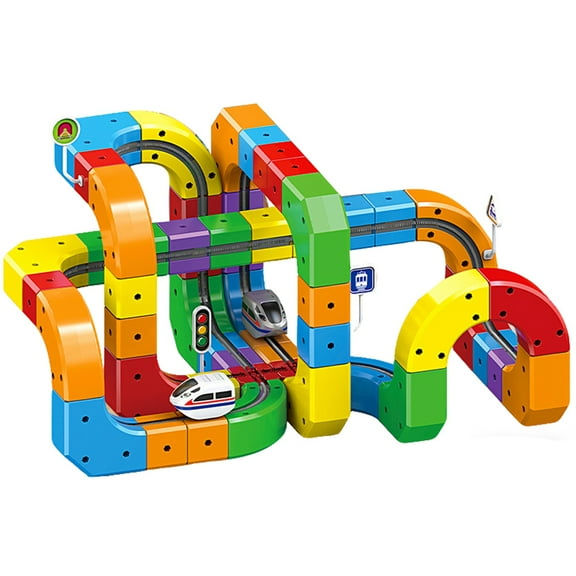 HUISZJ Electric Train Track Set, 3D Magic Flexible Race Tracks with Electric Car, Snap-On Blocks Building Tracks Set for Birthday Party Gifts (123PCS)