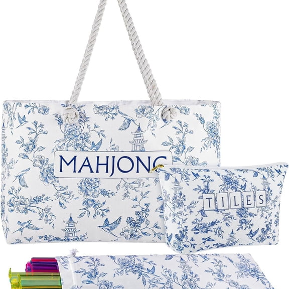 HUISZJ Empty Mahjong Bags Set, 24x13x4.7 Inch Drawstring Protective Sleeve with Handle, Blue Printed Tote Bag for Friend Party Gift