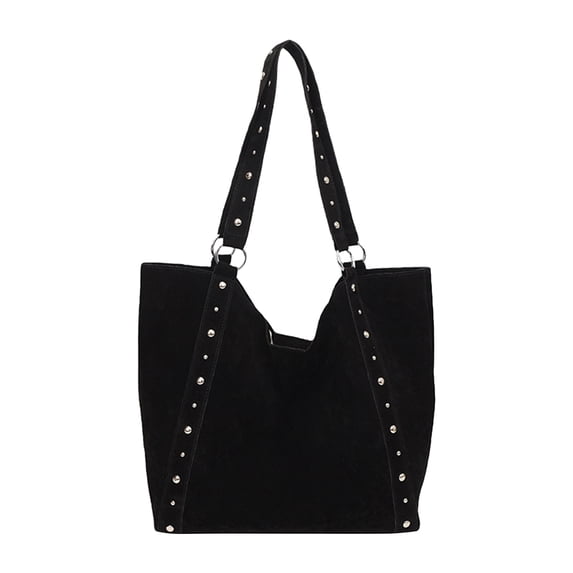 HUISZJ Faux Suede Shoulder Bag, Rivet Handheld Tote Bag, Large Capacity Shoulder Bag for Shopping Work School (Black)