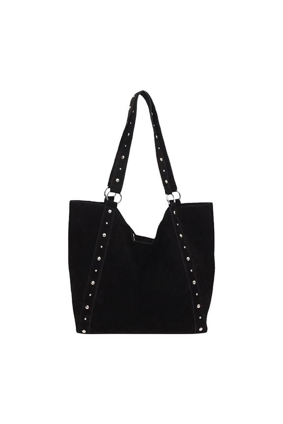 Faux Suede Shoulder Bag, Rivet Handheld Tote Bag, Large Capacity Shoulder Bag for Shopping Work School (Black)