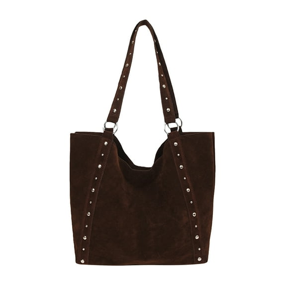 HUISZJ Faux Suede Shoulder Bag, Rivet Handheld Tote Bag, Large Capacity Shoulder Bag for Shopping Work School (Coffee)