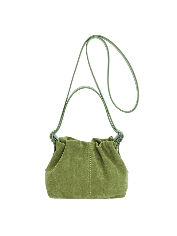 Faux Suede Shoulder Bag, Shoulder Bag with Adjustable Strap, Crossbody Bag Drawstring Top Handle Bag for Travel Winter Fall (Green)