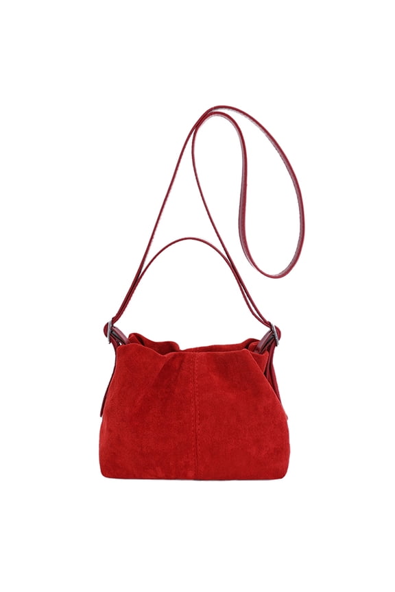 Faux Suede Shoulder Bag, Shoulder Bag with Adjustable Strap, Crossbody Bag Drawstring Top Handle Bag for Travel Winter Fall (Red)