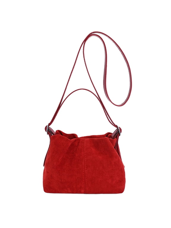 Faux Suede Shoulder Bag, Shoulder Bag with Adjustable Strap, Crossbody Bag Drawstring Top Handle Bag for Travel Winter Fall (Red)