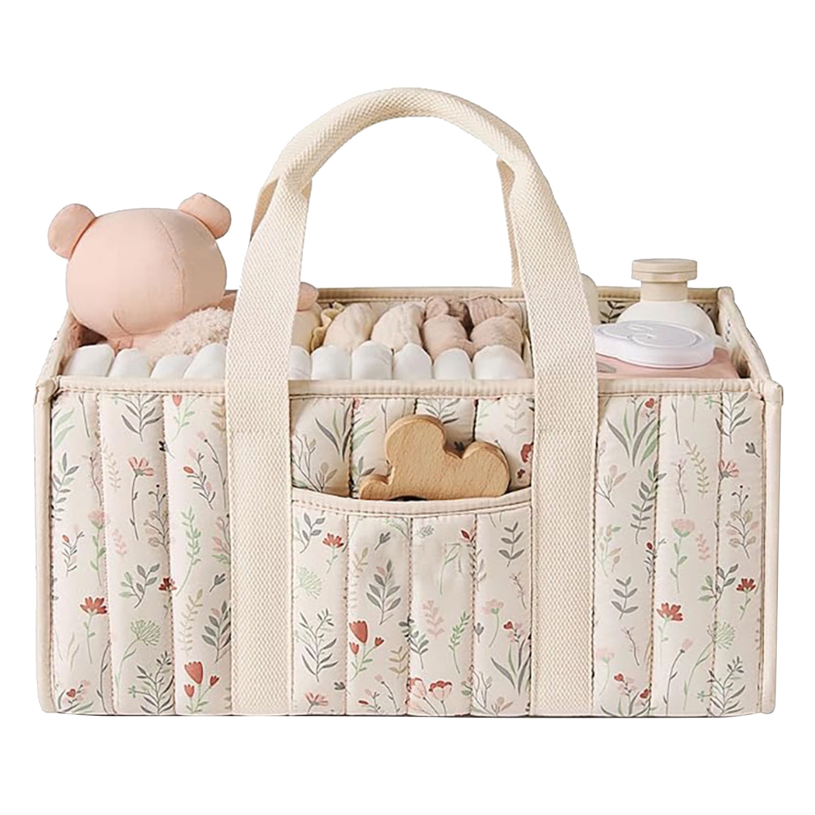 HUISZJ Floral Diaper Caddy Organizer, Stylish Nursery Storage Basket with Handle, Reusable Storage Bag for Newborn Work Travel Outdoor (Beige)