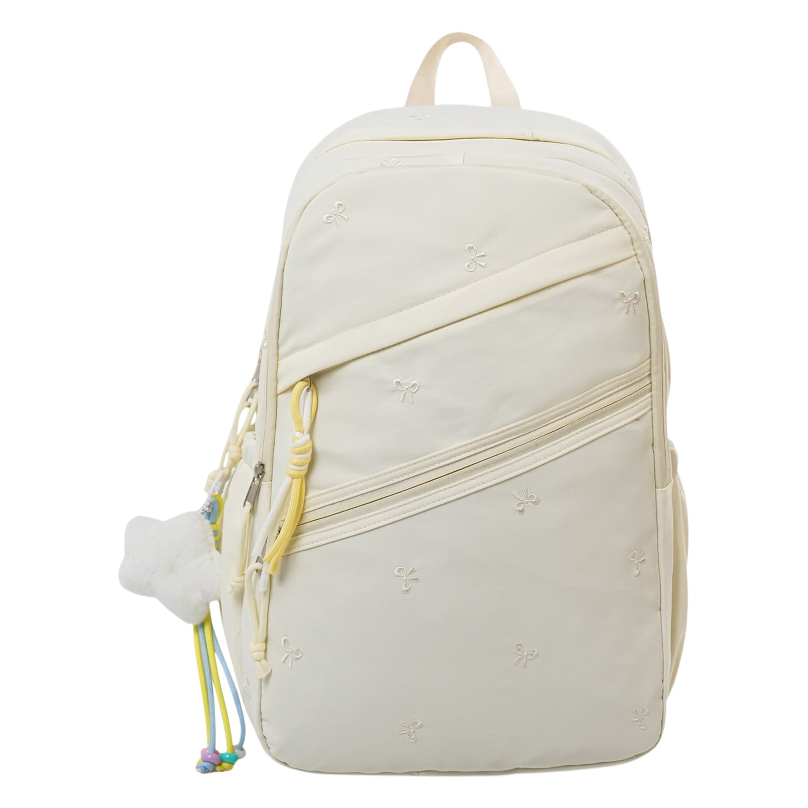 HUISZJ Floral Print School Backpack, Large Capacity Schoolbag with Pendant, Nylon School Backpack for Travel Work Shopping, White