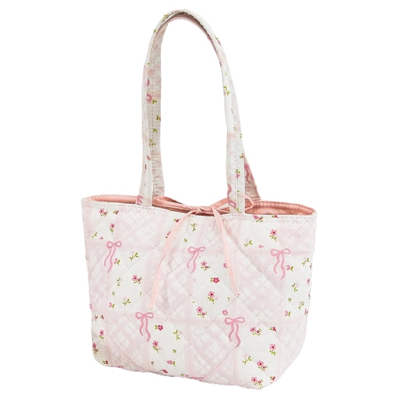 HUISZJ Floral Quilted Shoulder Bag, Cotton Handbag with Bow, Fashion Underarm Bag for Women Work Shopping Travel (A)