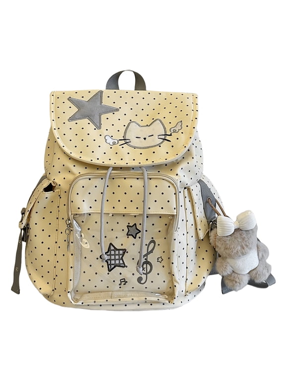 Large Capacity School Backpack, Polka Dot Printed School Bag, Drawstring Laptop Backpack for Students College Travel, Yellow