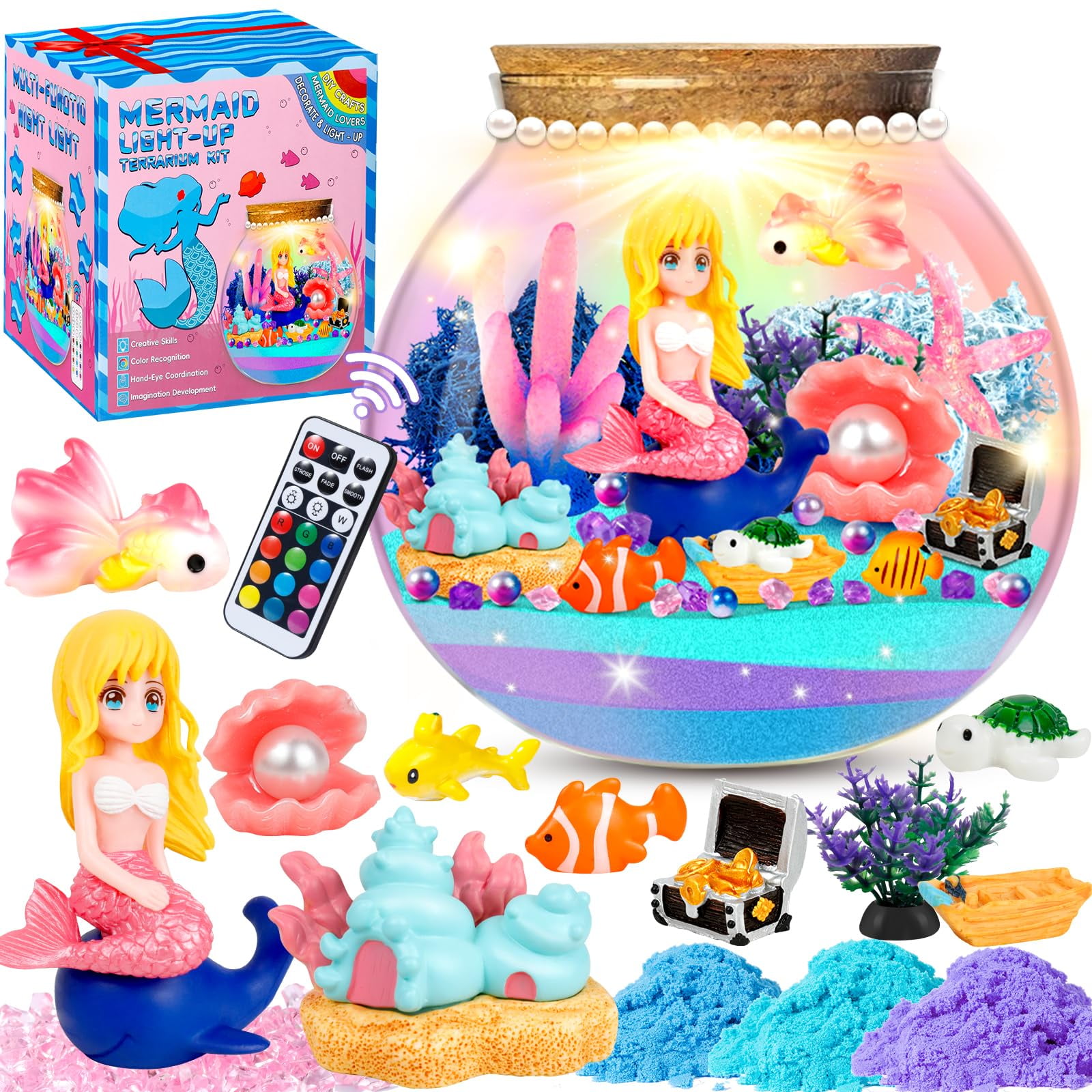 HUISZJ Mermaid Terrarium Craft Kit, Landscape Ambient Light Kit with Remote Control, Creative Educational Interactive Toy for Party Birthday Friend Gifts (A)