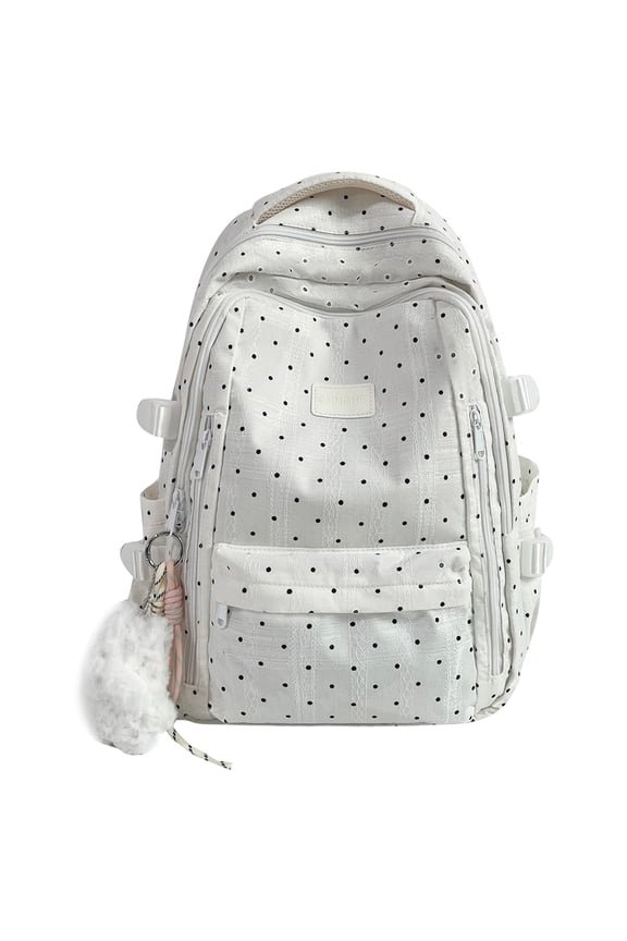 Multi-Pockets School Backpack, Polka Dot School Bag with Pendant, Portable Laptop Backpack for Students College Travel, White