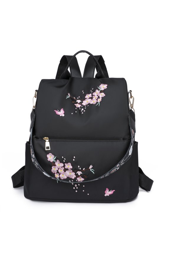 Nylon Embroidery Backpack, Floral Print Shoulder Bag, Embroidery Backpack for Women Travel College Work (Black)