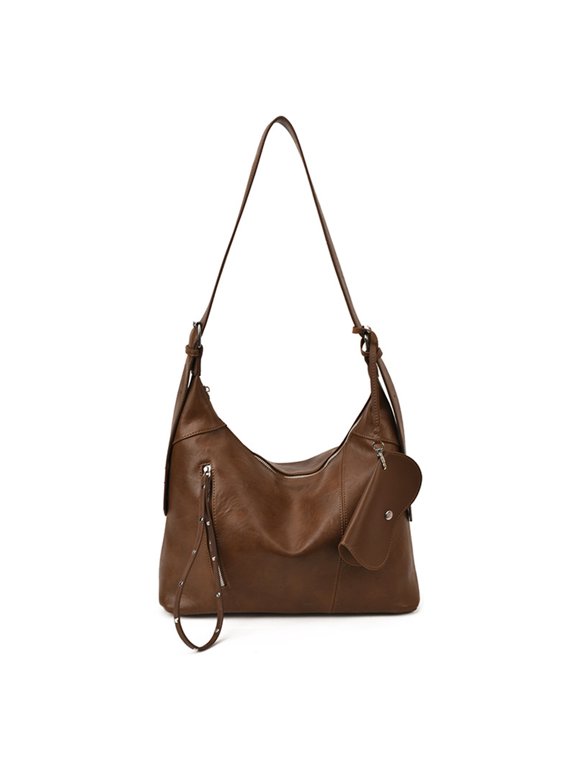 PU Leather Shoulder Bag, Large Capacity Casual Sling Bag, Solid Color Ladies Work Bag with Matching Clutch (Light Brown)