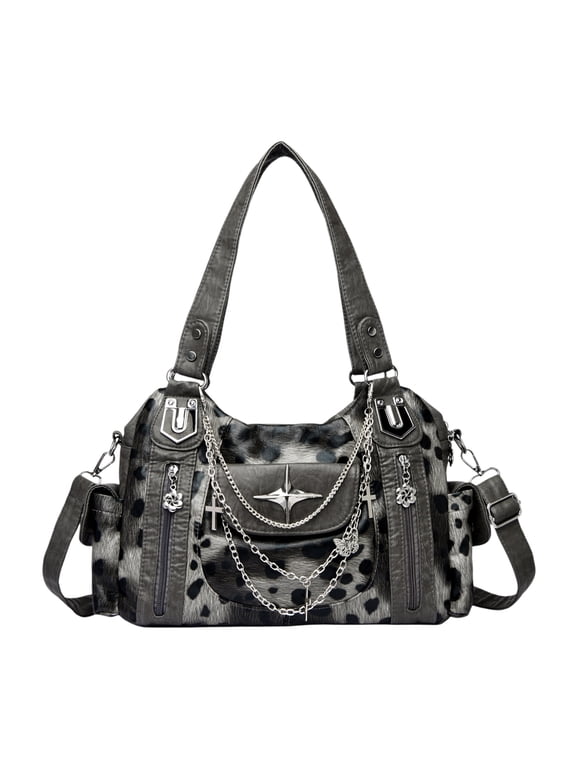 PU Leather Shoulder Bag, Large Capacity Crossbody Bag with Adjustable Strap, Y2k Messenger Bag for Women Work Shopping Travel (Leopard print)