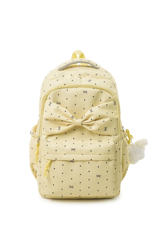 Polka Dot Bow Printed School Backpack, Large Capacity Schoolbag with Computer Compartment, Portable Laptop Backpack for Student Travel, Yellow