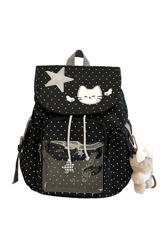 Polka Dot Cat School Backpack, Drawstring Schoolbag with Pendant, Large Capacity Laptop Backpack for Students College Travel, Black
