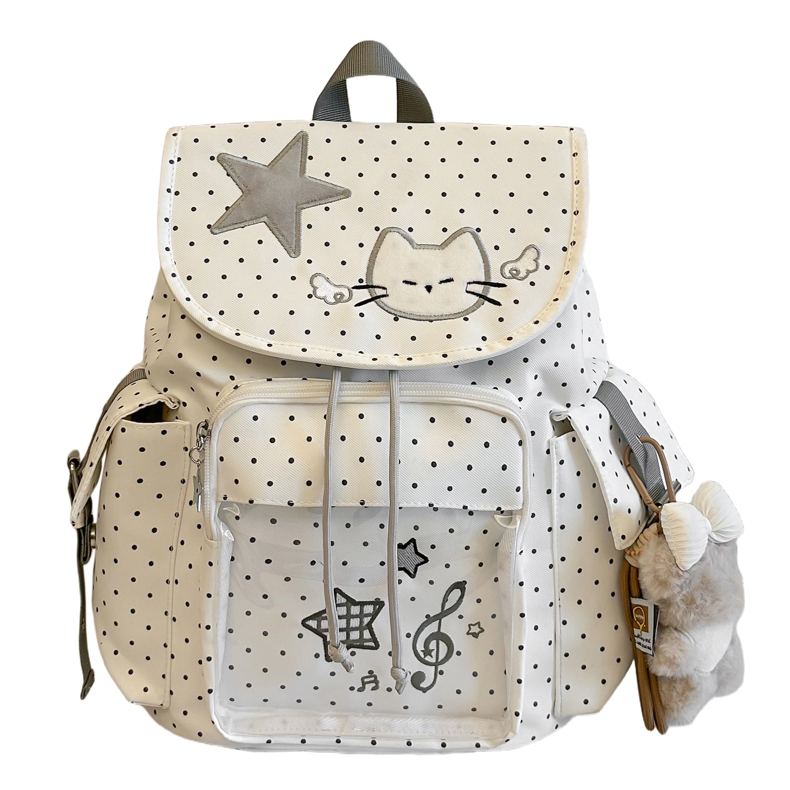 HUISZJ Polka Dot Cat School Backpack, Drawstring Schoolbag with Pendant, Large Capacity Laptop Backpack for Students College Travel, White