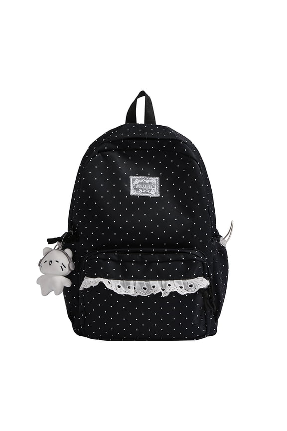 Polka Dot School Backpack, Multi-Pockets Lace Trim Backpack, Large Capacity Schoolbag for Student College, Black
