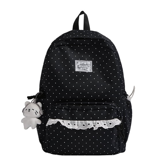 HUISZJ Polka Dot School Backpack, Multi-Pockets Lace Trim Backpack, Large Capacity Schoolbag for Student College, Black