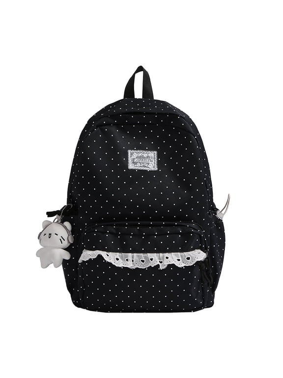 Polka Dot School Backpack, Multi-Pockets Lace Trim Backpack, Large Capacity Schoolbag for Student College, Black