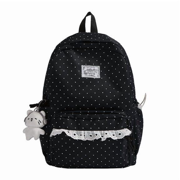 HUISZJ Polka Dot School Backpack, Multi-Pockets Lace Trim Backpack, Large Capacity Schoolbag for Student College, Black