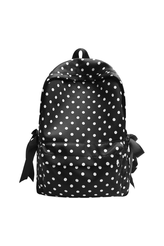Polka Dot School Backpack, Nylon Travel Daypack with Side Bows, Aesthetic Backpack for Women School College (Black)